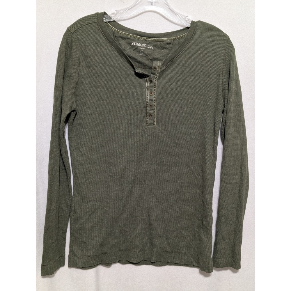 Eddie Bauer Womens Olive Green Waffle Knit Long Sleeve Henley Top Large
